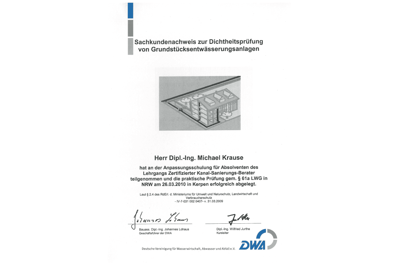 Sachkundiger zur Dichtheitsprüfung von Entwässerungsanlagen