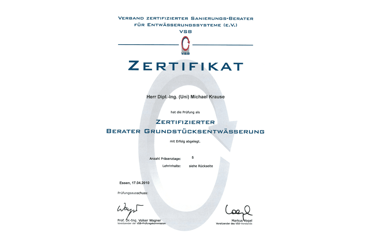 Zertifizierter Berater Grundstücksentwässerung