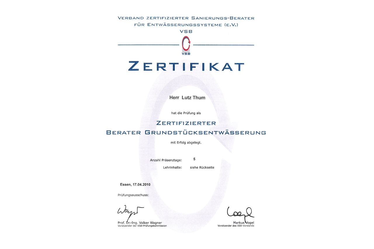 Zertifizierter Grundstücksentwässerungsberater